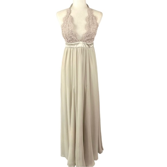 INGMA MELERO Silk Crepe Halter Lace Evening Maxi Gown - Picture 16 of 16